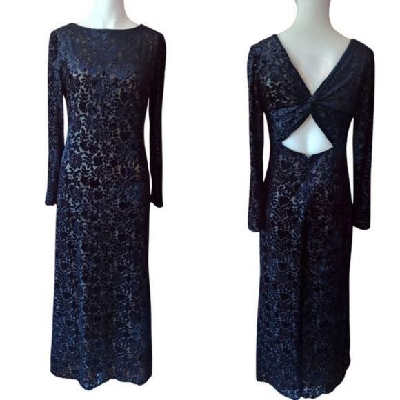 Navy Blue Textured Lace Floor Length Dress Size 6 - Picture 1 of 12